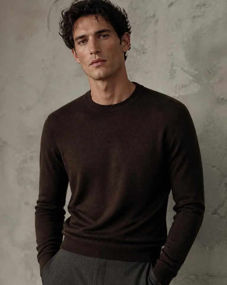 Model wearing a fine-gauge espresso brown merino crewneck sweater.