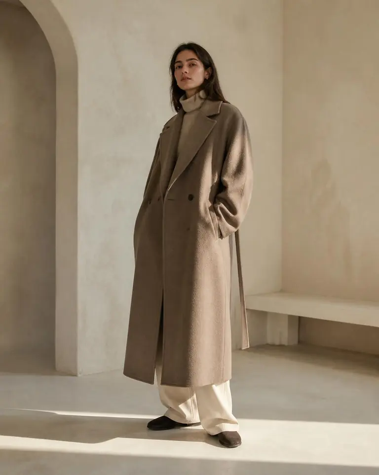 Outerwear: coats drawn long and unhurried