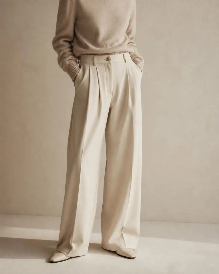 Trousers: wide, pleated, weighted at the hem