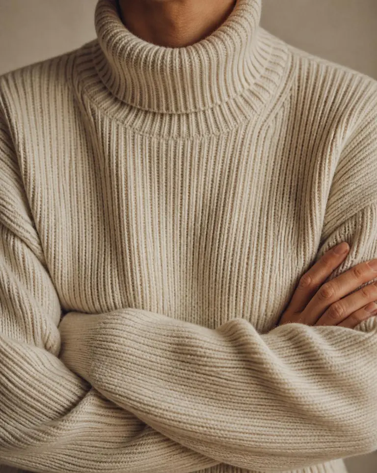 Cropped view of a heavy ecru ribbed knit with a high collar.